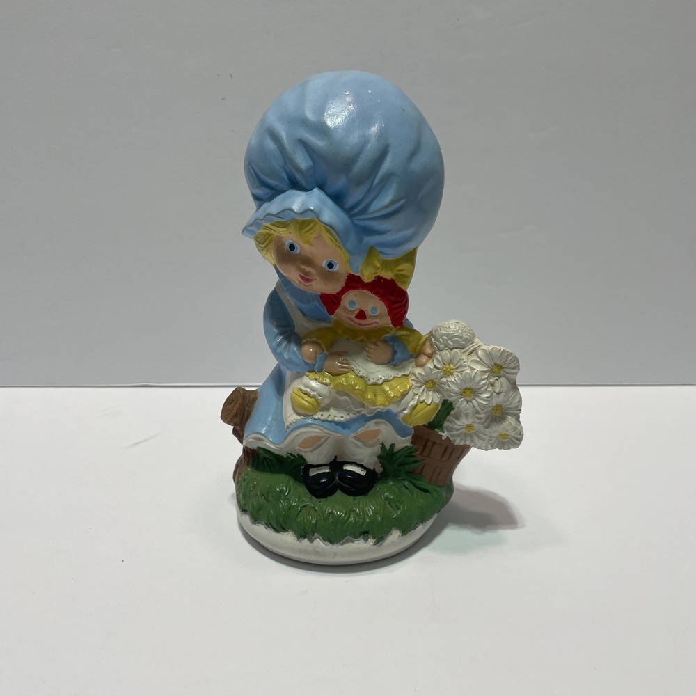 Vintage 1974 Byron Molds Ceramic Girl with Doll Figurine Blue Sunbonnet TG